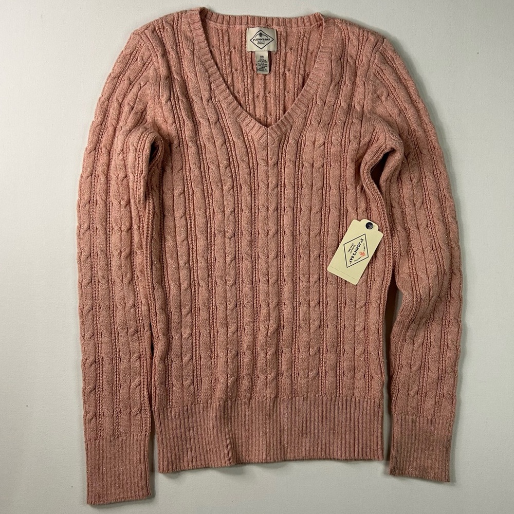 St. Johns Bay Woman Cable Knit V-Neck Sweater Size XS NWT Pink Glitter
